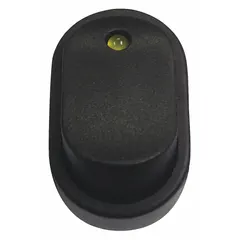 This SPST rocker switch provides Off/On control with illumination in the On position for clear power status indication. It features a black actuator and stem, three slip male terminals, and is designed for panel mounting in automotive and marine control panels, dashboards, and accessory circuits.
