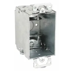 This steel cut-in electrical box is designed for mounting switches or receptacles in existing walls or ceilings. It features a 1-gang configuration with a 2-1/2 inch depth and 4-1/4 inch height. The MC clamp style secures metal-clad cable. Supplied without a bracket.