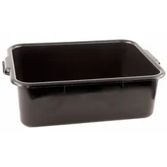 Black plastic bus tub for collecting and transporting dishes, glassware, and utensils in commercial foodservice settings. Measures 22-1/2 in length, 15-1/2 in width, 7 in height. NSF Certified for sanitation standards.