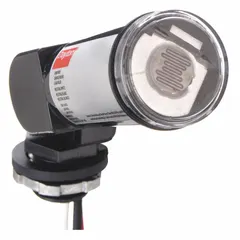 This adjustable stem-mounted photocell features a swivel arm for flush in-post mounting. It includes a washer gasket and operates on 208-277V AC with SPST switching. Typical applications include automatic dusk-to-dawn lighting control for outdoor areas such as parking lots, signage, and building perimeters.