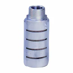 This pneumatic exhaust muffler reduces noise from compressed air exhaust ports on valves, cylinders, and other pneumatic equipment. It features a 3/8 in BST connection, 1 in hex size, stainless steel construction, 65 dB NRR noise reduction, and a maximum operating temperature of 160°F.