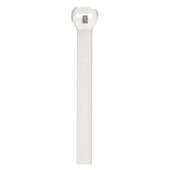Natural nylon cable tie for indoor bundling and securing wires and cables. Nominal length 15-1/2 in, width 0.18 in, maximum bundle diameter 4-1/4 in. Pack of 100. Not for outdoor use.
