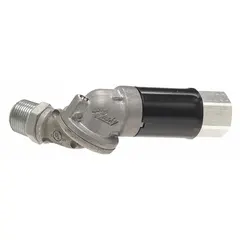 This reconnectable breakaway swivel connector features a 3/4 in MNPT male inlet and 3/4 in FNPT female discharge, both NPT standard. The aluminum body is chemically compatible with diesel. It automatically disconnects under tension to prevent hose or equipment damage, suitable for fuel dispensing systems.
