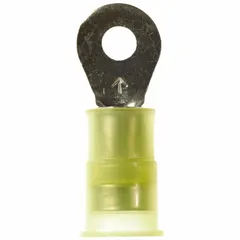 Nylon insulated ring terminal for #8 stud size, accepting 12 AWG to 10 AWG wire. Rated for 1000 V. Used for secure electrical connections in control panels, machinery, and power distribution.