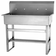 This two-station freestanding wash station is constructed from 16-gauge material with a 37-inch bowl length and 8-inch bowl depth. It features 4 faucet holes and an overall height of 45 inches. Side splash is not included. Suitable for hand-washing in commercial and industrial settings.