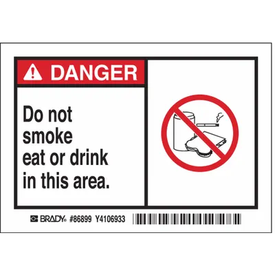 BRADY Danger: Do Not Smoke Eat Or Drink In This Area. Signs, 5 PK