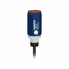 M18 threaded cylindrical photoelectric sensor with a 2 m non-terminated cable. Operates on 12-24V DC with NPN output. Used for non-contact object detection in industrial automation, such as on conveyor systems, packaging lines, and material handling equipment.