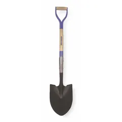Round point shovel with a 14-gauge steel blade, black finish, and a natural wood handle. Features a D-grip handle type for improved control. The 30-inch handle length provides leverage for digging, trenching, and moving loose materials such as soil or gravel.