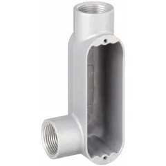 Aluminum LL - 90° elbow type conduit outlet body with 1 1/2 in trade size and 36 cu in body capacity. Threaded hub style with powder coated finish. Includes stainless steel screws. Designed for use with RMC to provide a pulling point and access for wire installation at 90-degree turns in conduit systems.