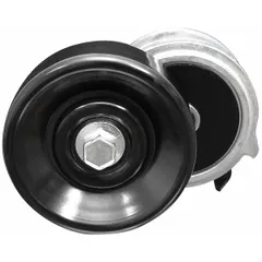 The DAYCO 89209 is a self-adjusting belt tensioner with a single pulley of 3 1/2 inches outside diameter. It automatically maintains proper tension on engine accessory drive belts, reducing slippage and wear on pulleys and bearings for reliable power transmission.