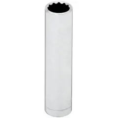 This 1/4" drive hand socket features a 5/16" SAE size with a 12-point deep profile for enhanced grip on hex fasteners. Constructed from chrome, it is suited for tightening or loosening bolts in automotive repair, machinery maintenance, and general assembly tasks.