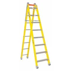 This fiberglass extending multifunction ladder offers two configurations for use as a step ladder or extension ladder. It features V-Rung design and supports a 375 lb load capacity. Suitable for industrial tasks such as electrical work, maintenance, and construction.