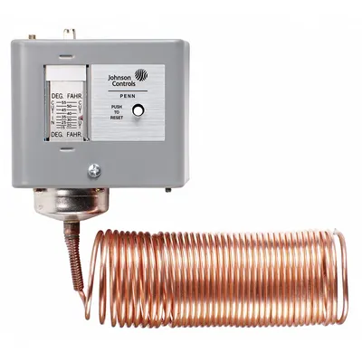 JOHNSON CONTROLS Line Volt Mechanical Tstat: 15° to 55°F, Steel, Fixed, 5°F - Two-Circuit Indoor Single-Stage Controls