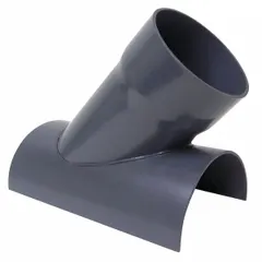 This PVC wye branch connects a 6-inch duct to an 8-inch duct at a 45-degree angle, splitting or merging airflow in industrial ventilation and dust collection systems. It is commonly used in woodworking, material handling, and fume extraction applications where durable, corrosion-resistant PVC ducting is required.
