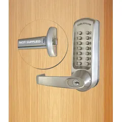Mechanical push button lockset constructed from stainless steel. Provides keyless entry with no key override option. Suitable for interior doors in commercial and institutional settings where ADA-compliant access control is required.