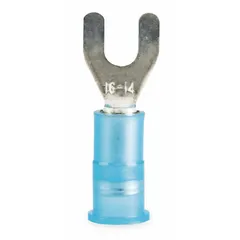 Blue nylon-insulated standard fork terminal for 16–14 AWG wire, #6 stud size, rated 600 V. Used for secure electrical connections in control panels, automation systems, and power distribution equipment.
