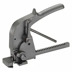 This manual rack pusher tool is designed for tensioning steel strapping in industrial packaging and bundling applications. It is a standard-duty tool with a 4 lb weight, operated manually to secure loads during shipping or storage.