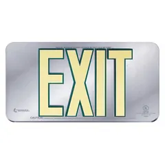 Single-sided, glow-in-the-dark exit sign with mounting holes for wall or surface installation. Made of plastic, it is not retroreflective and is suitable for double-sided conversion in facilities requiring illuminated egress guidance during power outages.