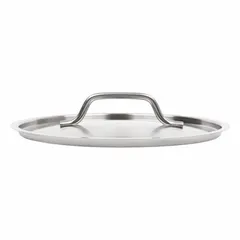 This stainless steel cover has an 8-inch top diameter and a welded stainless steel handle. The natural silver finish resists corrosion in commercial kitchen environments. NSF certification confirms compliance with foodservice sanitation standards. Suitable for covering pots, pans, and food storage containers.