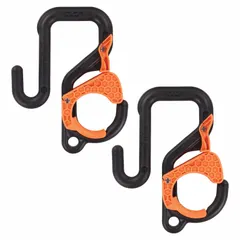 Plastic bucket bag hook and cover with self-locking hook. Measures 3 in width, 3 3/4 in height, and 8 1/2 in length. Black and orange color. Designed as an apron hook for attaching bucket bags or tools to a belt or apron, commonly used in maintenance and janitorial tasks.