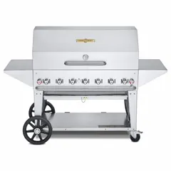 This wheeled grill operates on natural gas and features six burners with a total heating capacity of 99,000 BtuH. It has an overall height of 36 inches and weighs 176 lb, accommodating one 20 lb tank. Suitable for outdoor cooking applications requiring high heat output and mobility.