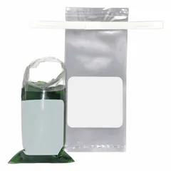 Clear, standard-style stand-up sterilized bag with 4 fl oz capacity and 2.8 mil thickness. Sterile and meets EPA standards for sample collection and storage. Suitable for collecting, storing, and transporting liquid or semi-solid samples in laboratory and field environments.