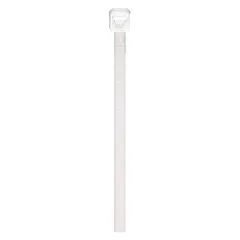 Natural nylon cable tie with 4-inch length and 0.1-inch width, suitable for bundling wires and cables indoors. Maximum bundle diameter of 4 inches. Pack of 100. Not for outdoor use.