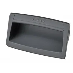 Black plastic angled inset pull handle with matte finish. Rectangular tray style with snap-in mounting, overall length 3.5 inches. Suitable for use on industrial trays, panels, and enclosures requiring a flush, low-profile grip.