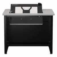 This VERSADESK computer desk features a Gray Matrix metal desktop and a black steel frame. With an overall width of 36 inches and height of 29 inches, it accommodates standard monitor setups. The desk includes a modesty panel for a clean appearance and is supplied as a kit. Suitable for office or home workstations