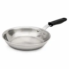 This uncoated fry pan features a silver stainless steel body with a black silicone riveted handle. It is NSF certified for commercial foodservice use. Suitable for searing, sautéing, and pan-frying in high-heat kitchens.