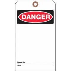 White single-part danger tags with pre-printed header for immediate use in lockout/tagout procedures. Each tag includes a cotton string fastener; legend is printed on one side only. Supplied in a pack of 25.
