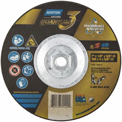 NORTON Depressed Center Wheel: Type 27, 7" x 1/8" x 5/8"-11, Ceramic, 24 Grit - Cool-Cutting Combination Wheels for Carbon & Stainless Steel