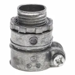 Die-cast zinc straight squeeze connector for terminating and securing AC (armored cable) or FMC (flexible metal conduit) to electrical boxes or enclosures. Trade size 1/2 in, non-insulated, silver finish. Suitable for commercial and industrial wiring applications requiring a grounded connection.