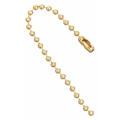 Brass beaded ball chain with a 0.048 in wire diameter and 4 1/2 in length, supplied in a bulk pack of 25 pieces. Each chain includes a coupling link for easy attachment. Used as tag fasteners for labeling, identification, and key ring applications.