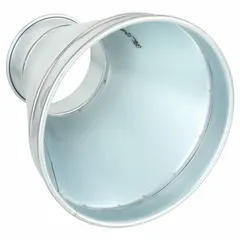 Steel duct reducer for transitioning airflow between duct sections of different diameters. Inlet diameter 14 in, outlet diameter 7 in, overall length 15 in. Suitable for use in ventilation, dust collection, and exhaust systems.