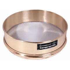 Standard test sieve with 8-inch outside diameter and 2-inch height. Stainless steel screen cloth with #850 mesh size, brass frame. Conforms to ASTM E11. Used for particle size analysis and classification of granular materials.