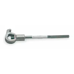 Adjustable hydrant wrench with iron handle. Fits pentagon, square, navy slot, pin, and rocker hydrant nuts. Adjusts to fit all nut sizes from 1/4 to 4-1/2 in lugs. Used for operating fire hydrant valves.