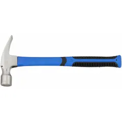 Steel straight-claw hammer with a 22 oz head and 15 in overall length. Features a ribbed grip and fiberglass handle. Includes a nail pulling groove. Suitable for framing, demolition, and general construction tasks.