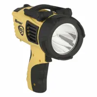 This spotlight produces a focused spot beam with a maximum output of 550 lumens, a beam distance of 625 meters, and a run time of 10 hours at maximum brightness. The polycarbonate construction provides impact resistance. It includes a wrist lanyard and requires C batteries. Typical applications include industrial inspection, security patrol, and outdoor search tasks