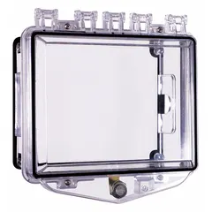 Clear polycarbonate wall fixture guard for outdoor use with Automated External Defibrillators (AEDs). Surface-mount design includes mounting hardware. Water resistant to help protect against vandalism and accidental damage. Overall depth 5 7/16 in, overall length 7 7/16 in.