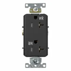 General purpose duplex receptacle rated 125V AC, 20A, NEMA 5-20, 2-pole/3-wire grounding. Black Decora Plus design with compact face. Suitable for commercial and residential electrical systems where higher-current devices require a 20A outlet.