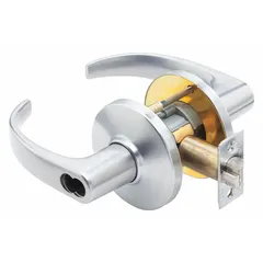 This passage lever lockset is designed for interior doors where locking is not required, such as hallways or closets. It features a 9K curved return lever, satin chromium-plated zinc finish, and is ADA compliant. The lockset includes LFIC (Large Format Interchangeable Core) and meets ANSI F75 function code.