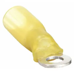 Heat shrink insulated ring terminal for #10 stud size, accepting 12 AWG to 10 AWG wire. The yellow insulation provides electrical isolation and, when heated, shrinks to form a sealed connection. Suitable for securing wire terminations in environments where moisture and corrosion resistance are required.