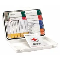 Unitized first aid kit meeting ANSI/ISEA Z308.1-2021 Type III Class A standards. Contains (16) adhesive bandages, (2) trauma pads, and (10) hand sanitizers; no oral or inhalant medicinals. Suitable for workplace injury response in industrial facilities, offices, and job sites requiring compliant first aid supplies