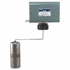 This mechanically alternating side-mounted float switch features a DPST-4NC contact configuration with steel construction. It closes on rising liquid level, suitable for high-level alarm or pump shut-off in industrial tanks, reservoirs, or sumps. Termination is via screw clamp, with a 90° mounting orientation and specific gravity rating of 0.85.