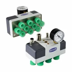 Vacuum gripping system with 10 suction cells and 2 ejectors, overall length 120 mm. Valve function is normally open. Used for automated handling of large, flat, or porous workpieces in industrial applications.