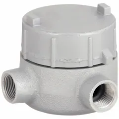 Iron conduit outlet body with L-shaped 90° elbow configuration for use with rigid metal conduit (RMC). Threaded female hubs, flat back, and powder-coated finish. Includes cover and grounding screw. Suitable for hazardous locations. CSA certified.