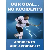 This 22 in x 17 in safety poster is made of plastic with a blue design and a clear film laminate protective coating. Printed in English, it is used in industrial workplaces such as manufacturing plants, warehouses, and maintenance areas to promote accident prevention. The poster does not include a frame and does not support writing on the surface