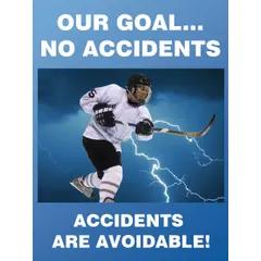 This 22 in x 17 in safety poster is made of plastic with a blue design and a clear film laminate protective coating. Printed in English, it is used in industrial workplaces such as manufacturing plants, warehouses, and maintenance areas to promote accident prevention. The poster does not include a frame and does not support writing on the surface.