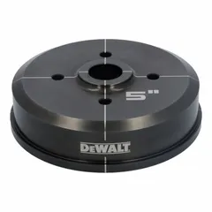 Hydraulic knockout tool die with a 5 in nominal size, designed for use with DEWALT hydraulic knockout tools. Used to create clean holes in electrical enclosures, panels, and junction boxes for conduit or cable entry.